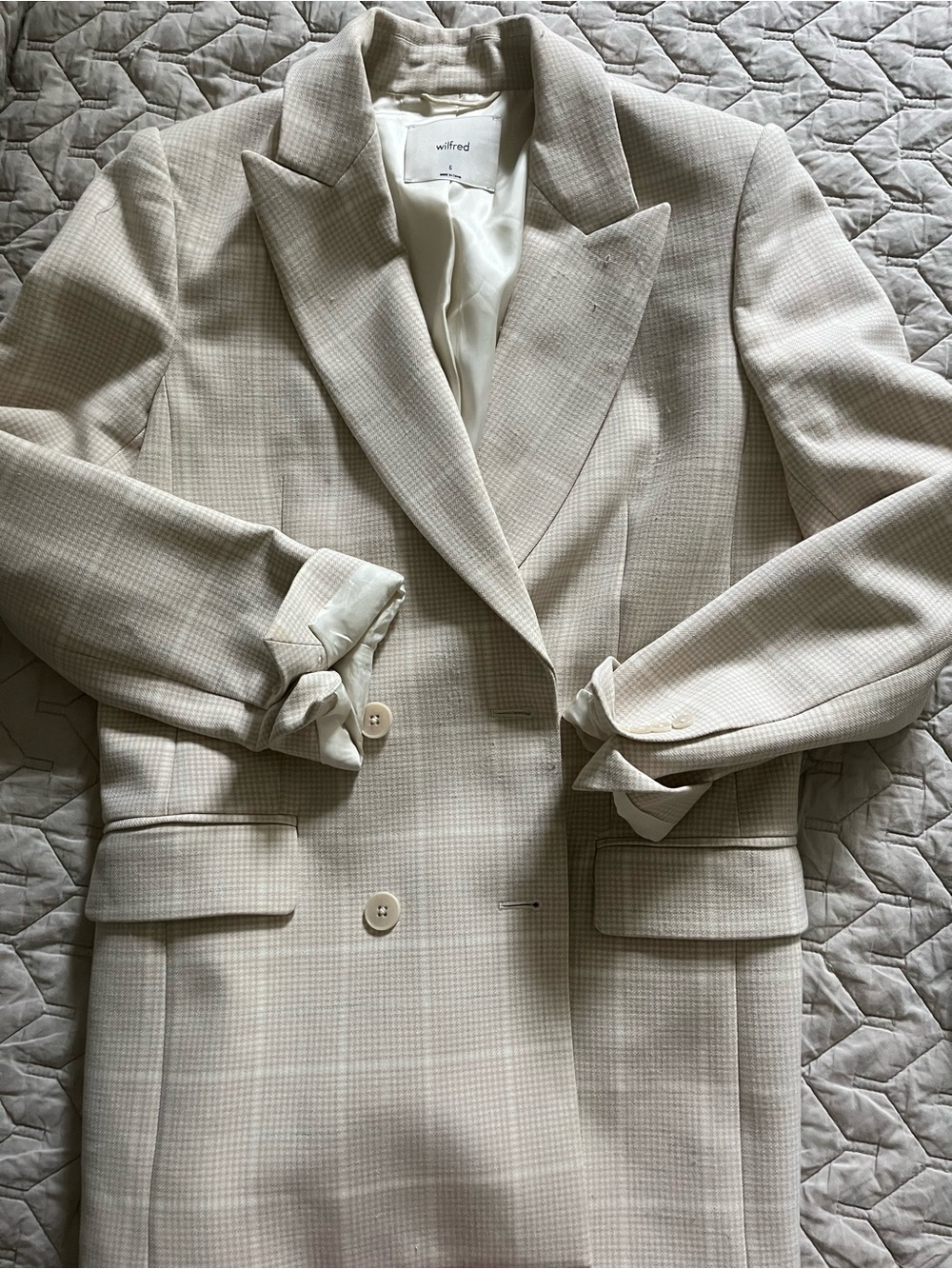Wilfred Light Cream Checked Double-Breasted Blazer